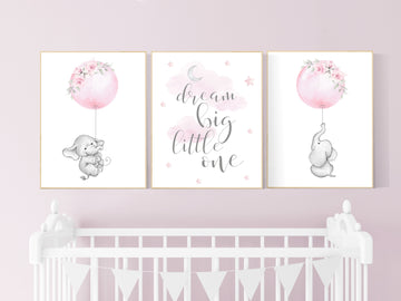 Nursery prints girl, pink and gray, animal nursery prints, nursery wall decor elephant, nursery prints elephant, dream big little one