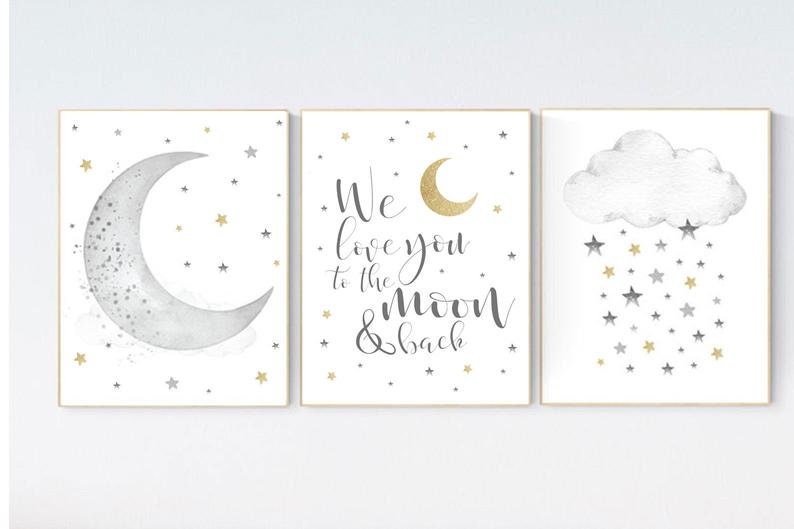 CANVAS PRINTS:  Nursery wall art grey, gray gold nursery, nursery decor neutral, baby room decor gender neutral, moon and stars