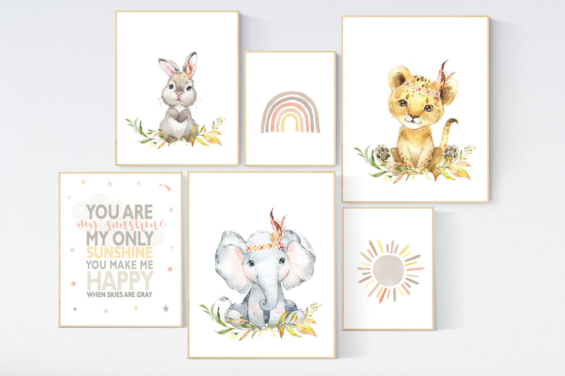 Nursery decor boho, nursery decor animals, gender neutral, you are my sunshine, animal prints, rainbow nursery, nursery wall art neutral