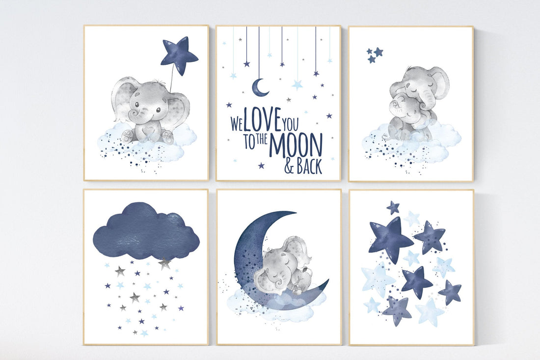 Nursery decor boy elephant, nursery wall art boy, navy and blue, moon and stars, navy blue nursery, boy nursery decor, elephant nursery art