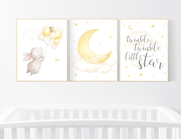 Gender neutral nursery wall art, yellow gray, yellow grey, rabbit nursery, bunny nursery, stars and moon, baby room wall decor, neutral