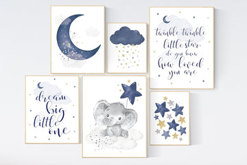 Nursery decor boy elephant, nursery wall art boy, navy Blue gold, moon and stars, navy nursery, boy nursery decor, elephant nursery art