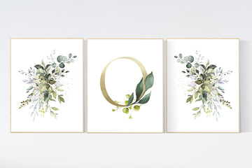 Nursery decor girl flowers, green flowers, herbal, green and gold, Nursery decor girl name, girl nursery wall decor, floral nursery decor
