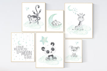 Nursery decor gender neutral, animal prints, mint nursery, mint green nursery, panda, koala, giraffe, bear, monkey, nursery wall decor