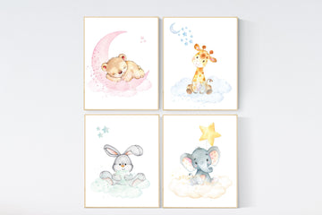 Nursery decor animals, gender neutral, animal prints, bunny, elephant, giraffe, bear, nursery wall decor, animal nursery, pastel colors