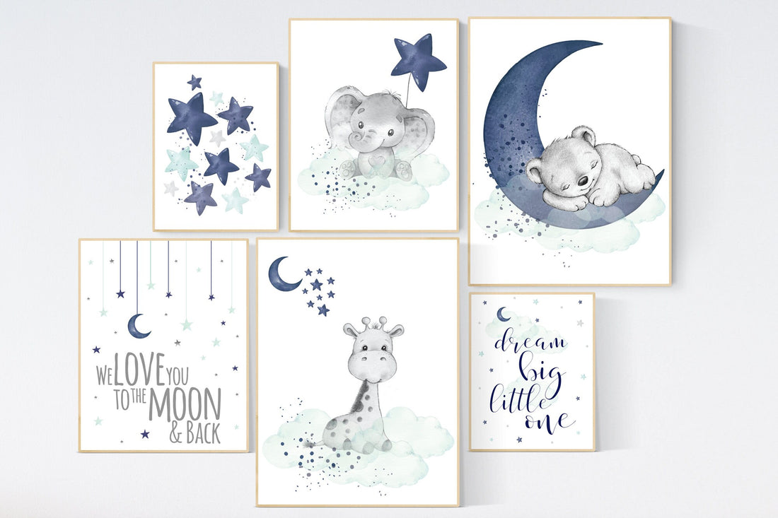 Nursery decor navy mint, navy and mint green nursery, elephant, giraffe, bear nursery, we love you to the moon and back, gender neutral