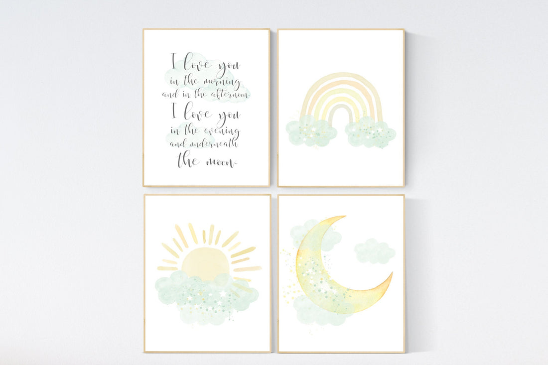 Mint and yellow nursery, moon and stars nursery, gender neutral nursery, nursery wall decor, rainbow, sun, mint yellow nursery prints