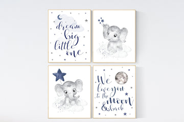 Nursery decor boy elephant, navy nursery decor, we love you to the moon and back, moon and stars, navy blue nursery art, elephant nursery