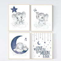 Nursery decor boy elephant, navy nursery decor, we love you to the moon and back, moon and stars, navy blue nursery art, elephant nursery
