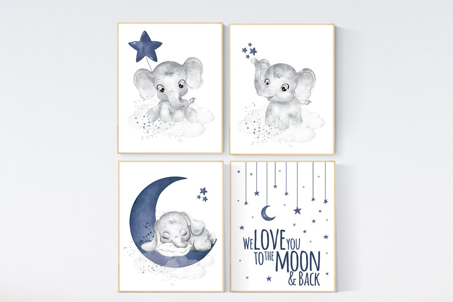 Nursery decor boy elephant, navy nursery decor, we love you to the moon and back, moon and stars, navy blue nursery art, elephant nursery