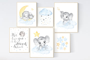 Nursery decor elephant, gender neutral, elephant nursery wall art, yellow blue, twins, unisex, nursery wall decor, moon and stars, baby room