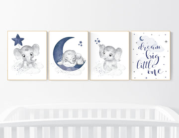 Nursery decor boy elephant, boy nursery decor, navy blue, nursery prints boy, dream big little one, nursery wall art boy, moon and stars