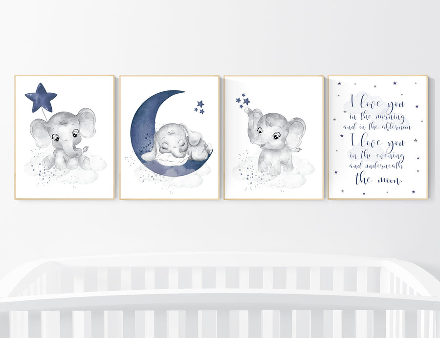 Nursery decor boy elephant, navy nursery decor, moon and stars, navy blue nursery art, elephant, boy nursery, nursery wall art boy