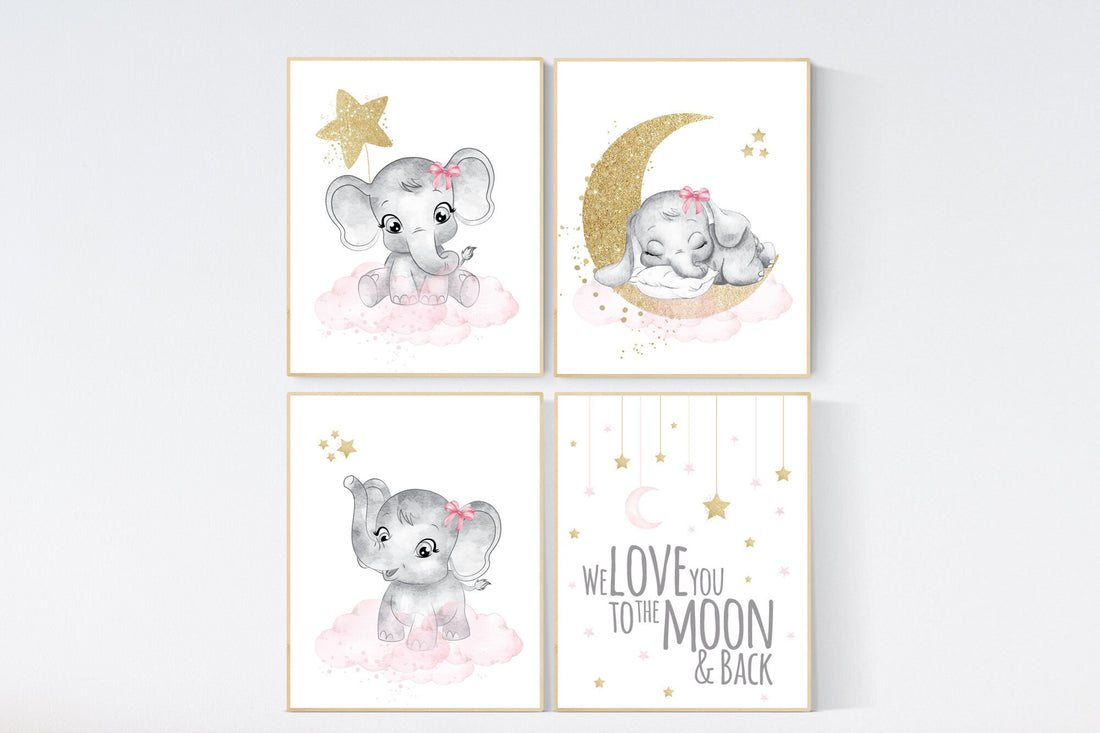 Nursery decor girl elephant, pink and gold nursery, we love you to the moon and back, pink nursery art, cloud and stars, baby room decor