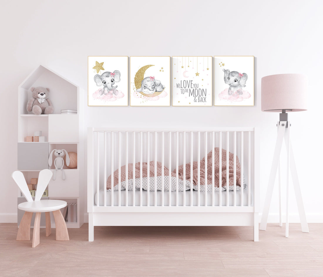Nursery decor girl elephant, pink and gold nursery, we love you to the moon and back, pink nursery art, cloud and stars, baby room decor
