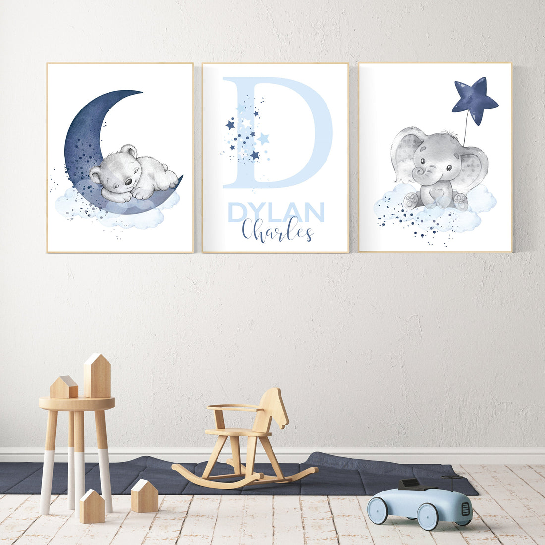 Nursery decor boy, navy blue nursery, elephant, bear, nursery wall art boy, nursery prints boy, set of 3, navy nursery, name nursery, custom