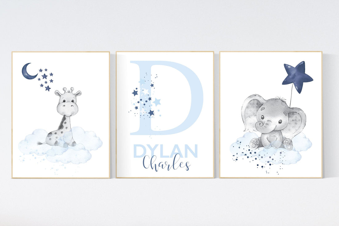Nursery decor boy, navy blue nursery, elephant,, nursery wall art boy, nursery prints boy, set of 3, navy nursery, name nursery, custom