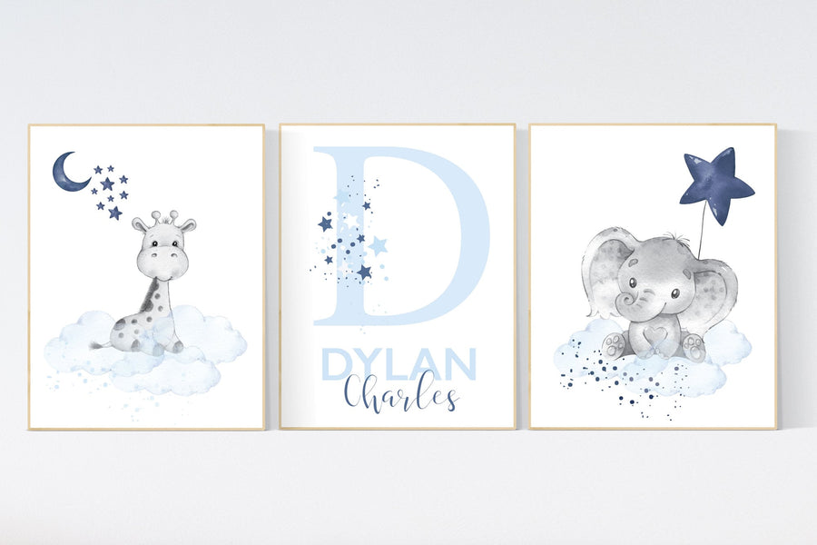 Nursery decor boy, navy blue nursery, elephant,, nursery wall art boy, nursery prints boy, set of 3, navy nursery, name nursery, custom