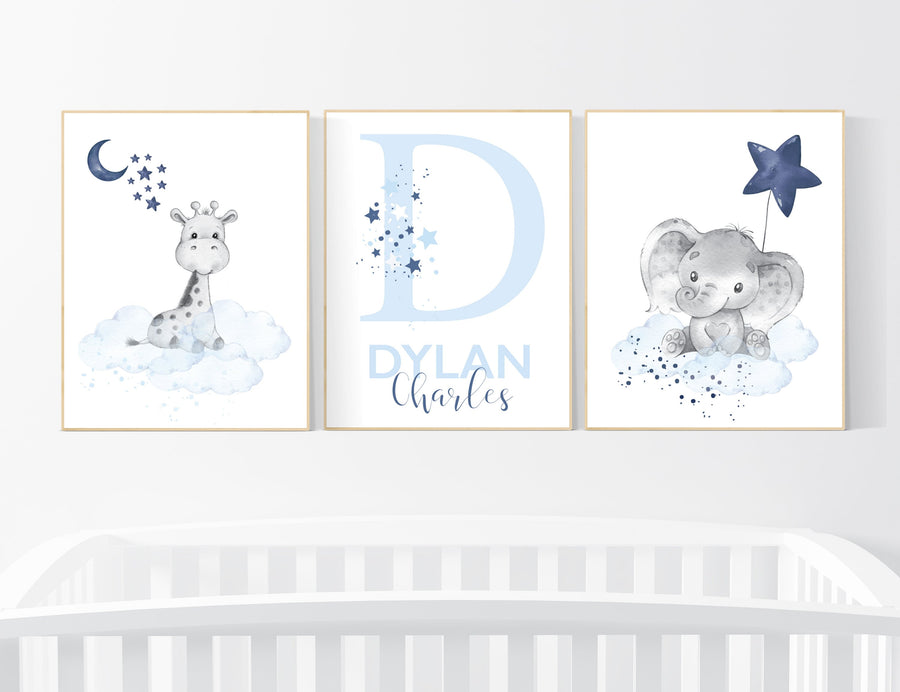 Nursery decor boy, navy blue nursery, elephant,, nursery wall art boy, nursery prints boy, set of 3, navy nursery, name nursery, custom