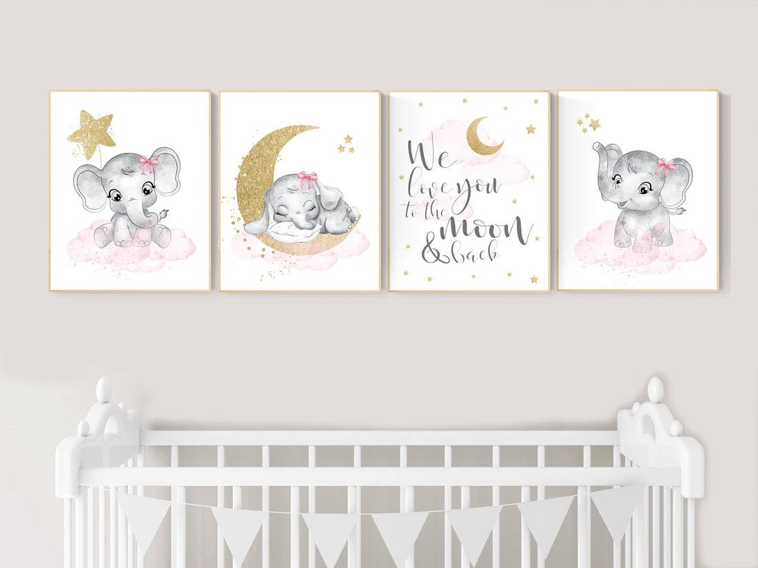 Nursery decor girl elephant, pink and gold nursery, we love you to the moon and back, pink nursery art, cloud and stars, baby room decor