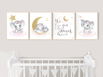 Nursery decor girl elephant, pink and gold nursery, we love you to the moon and back, pink nursery art, cloud and stars, baby room decor