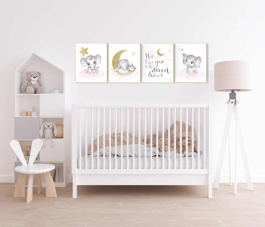 Nursery decor girl elephant, pink and gold nursery, we love you to the moon and back, pink nursery art, cloud and stars, baby room decor