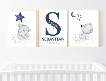 Nursery decor boy, bear nursery, nursery decor boy, navy blue, teddy bear decor, nursery wall art animals, boy nursery wall art, navy blue