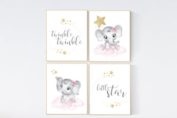 Nursery decor girl elephant, pink and gold nursery, twinkle twinkle little one, pink nursery art, cloud and stars, baby room decor, wall art