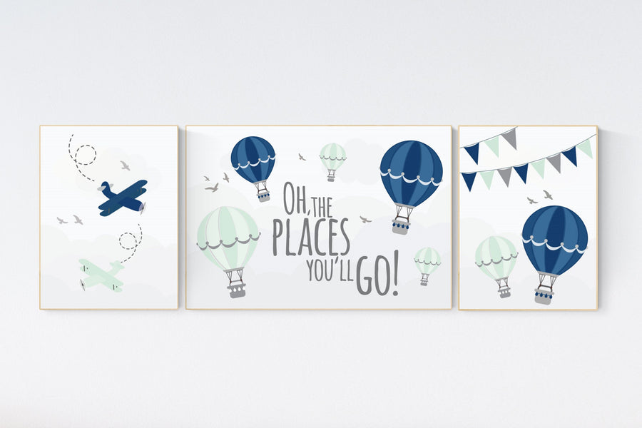 Nursery decor boy mountains, nursery decor boy airplane, world map, adventure awaits, navy green, adventure nursery prints, hot air balloon