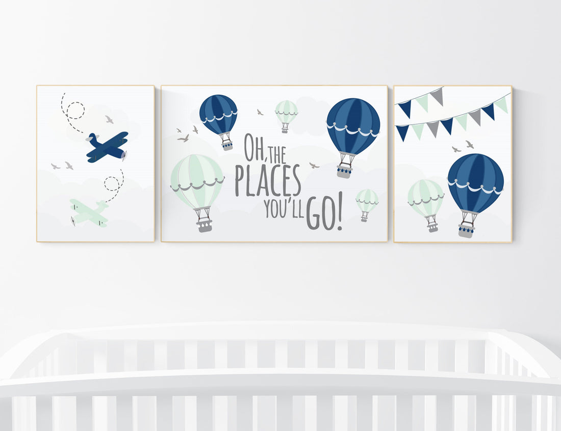 Nursery decor boy mountains, nursery decor boy airplane, world map, adventure awaits, navy green, adventure nursery prints, hot air balloon