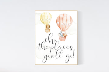 Hot air balloon nursery wall art, nursery decor animals, gender neutral, twin, elegant, hot air balloon nursery, travel theme