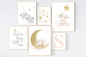Baby room decor girl, Nursery wall art girl pink gold, Sheep nursery decor, sheep nursery art, lamb nursery decor, lamb print for nursery