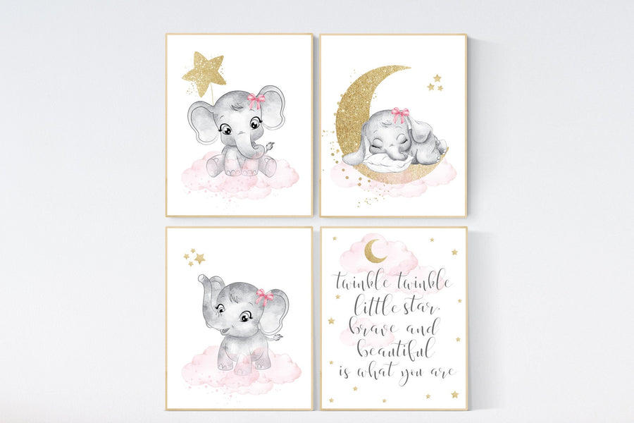 Nursery decor girl elephant, pink and gold nursery, twinkle twinkle little star, pink nursery art, cloud and stars, baby room decor