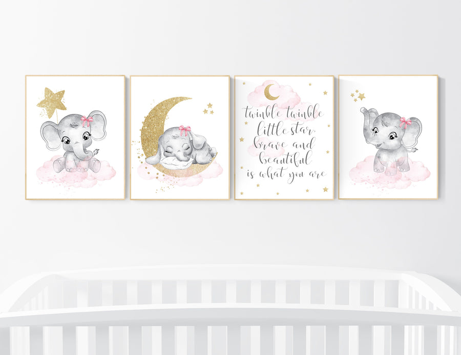 Nursery decor girl elephant, pink and gold nursery, twinkle twinkle little star, pink nursery art, cloud and stars, baby room decor