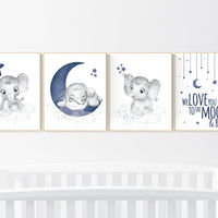 Nursery decor boy elephant, navy nursery decor, we love you to the moon and back, moon and stars, navy blue nursery art, elephant nursery