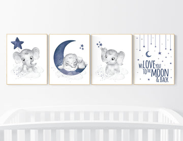 Nursery decor boy elephant, navy nursery decor, we love you to the moon and back, moon and stars, navy blue nursery art, elephant nursery
