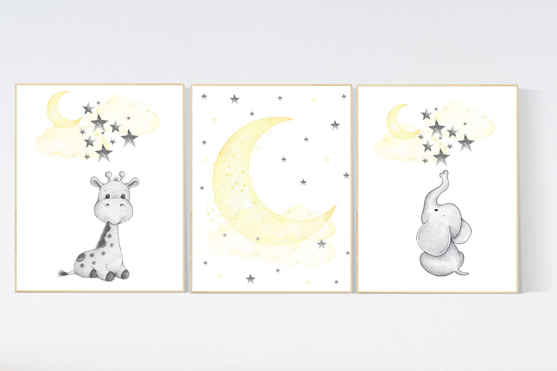 Nursery decor neutral, Yellow nursery, nursery wall art elephant, giraffe, moon, stars, gender neutral, yellow and gray nursery art