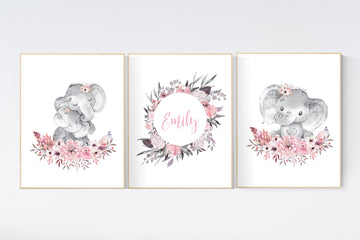 Nursery decor girl boho, elephant nursery wall art, nursery decor girl floral, nursery decor girl woodland, floral nursery, boho nursery