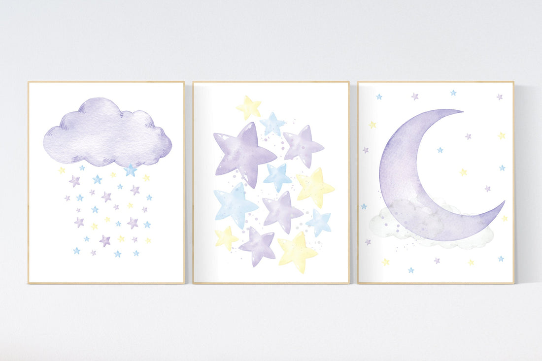 Purple yellow blue nursery, stars, cloud, moon nursery, nursery decor girl, nursery wall decor, set of 3 prints, girls room nursery ideas