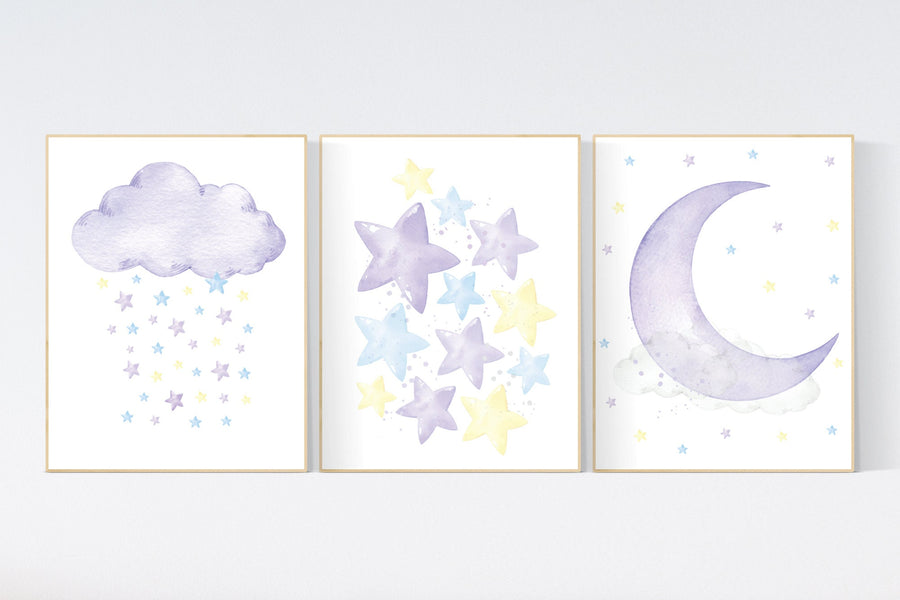 Purple yellow blue nursery, stars, cloud, moon nursery, nursery decor girl, nursery wall decor, set of 3 prints, girls room nursery ideas