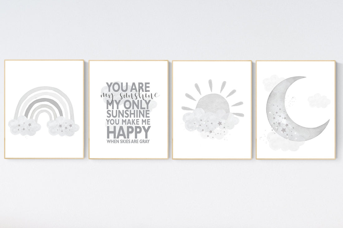 Nursery decor rainbow, gray nursery, Rainbow Wall Art, rainbow Print Set, Rainbow art, gender neutral, Kids Room Decor, You Are My Sunshine