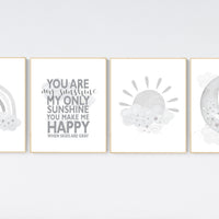 Nursery decor rainbow, gray nursery, Rainbow Wall Art, rainbow Print Set, Rainbow art, gender neutral, Kids Room Decor, You Are My Sunshine