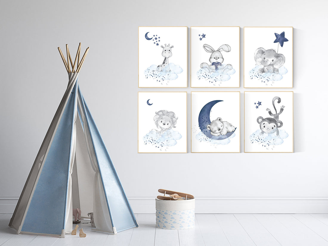 Nursery decor boy animals, nursery wall art boy, navy blue, animal prints for nursery, navy blue nursery wall decor, set of 6 prints