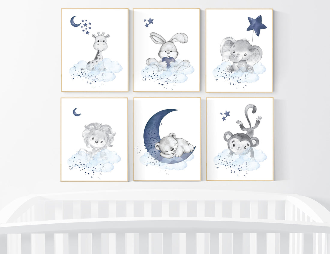 Nursery decor boy animals, nursery wall art boy, navy blue, animal prints for nursery, navy blue nursery wall decor, set of 6 prints