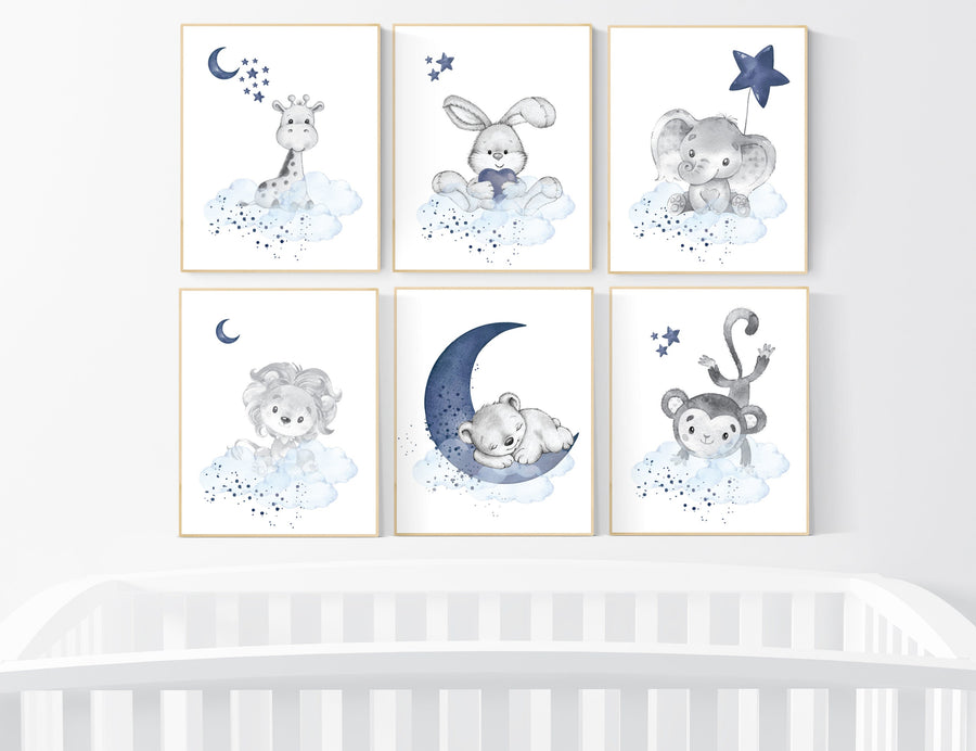Nursery decor boy animals, nursery wall art boy, navy blue, animal prints for nursery, navy blue nursery wall decor, set of 6 prints