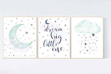 Nursery decor girl purple, Nursery decor girl elephant, dream big little one, moon and stars, purple mint, girl nursery wall art