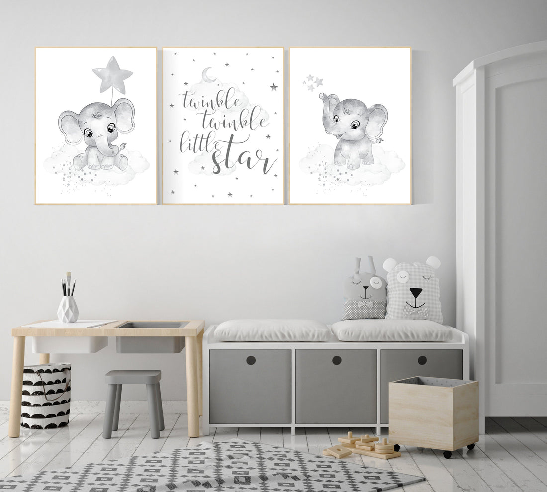 Gender neutral nursery, Grey nursery wall art, elephant nursery wall art, gray nursery art, nursery wall decor, moon, stars, neutral, twin