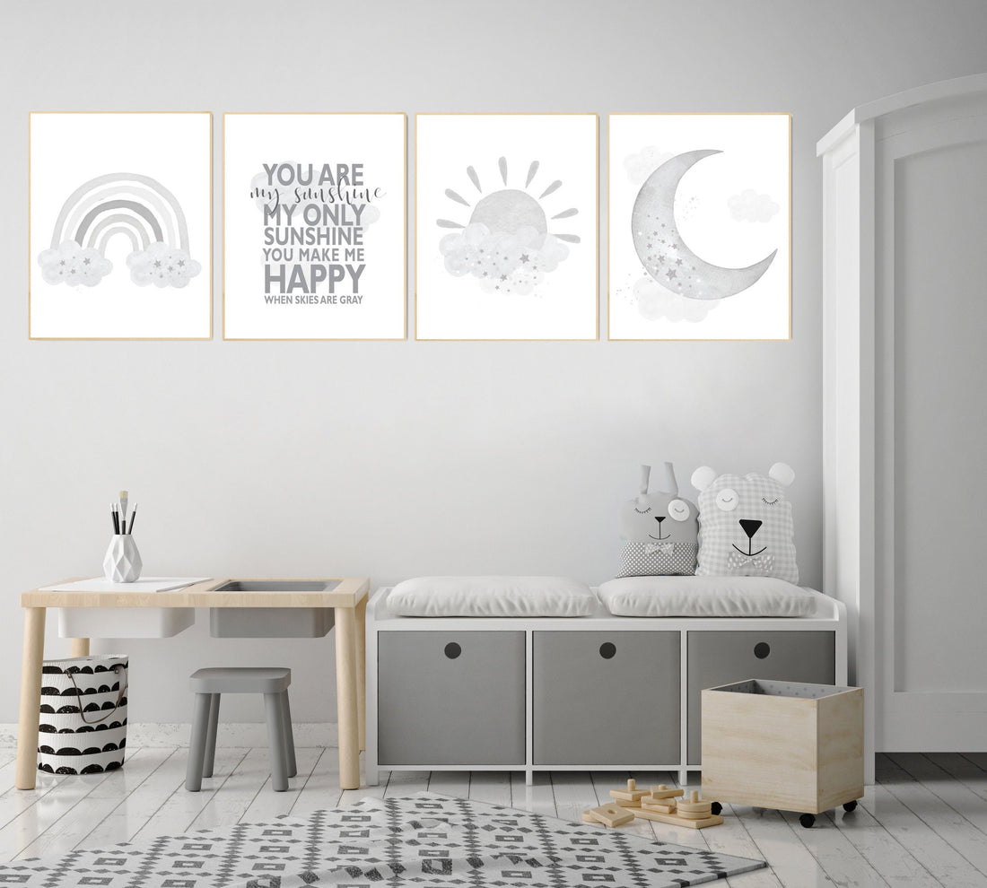 Nursery decor rainbow, gray nursery, Rainbow Wall Art, rainbow Print Set, Rainbow art, gender neutral, Kids Room Decor, You Are My Sunshine