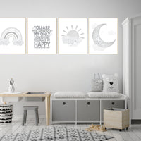 Nursery decor rainbow, gray nursery, Rainbow Wall Art, rainbow Print Set, Rainbow art, gender neutral, Kids Room Decor, You Are My Sunshine