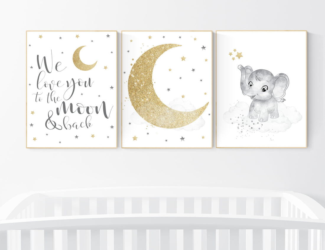 Nursery wall art grey, gray gold nursery, nursery decor neutral, baby room decor gender neutral, moon and stars, grey gold, baby room art